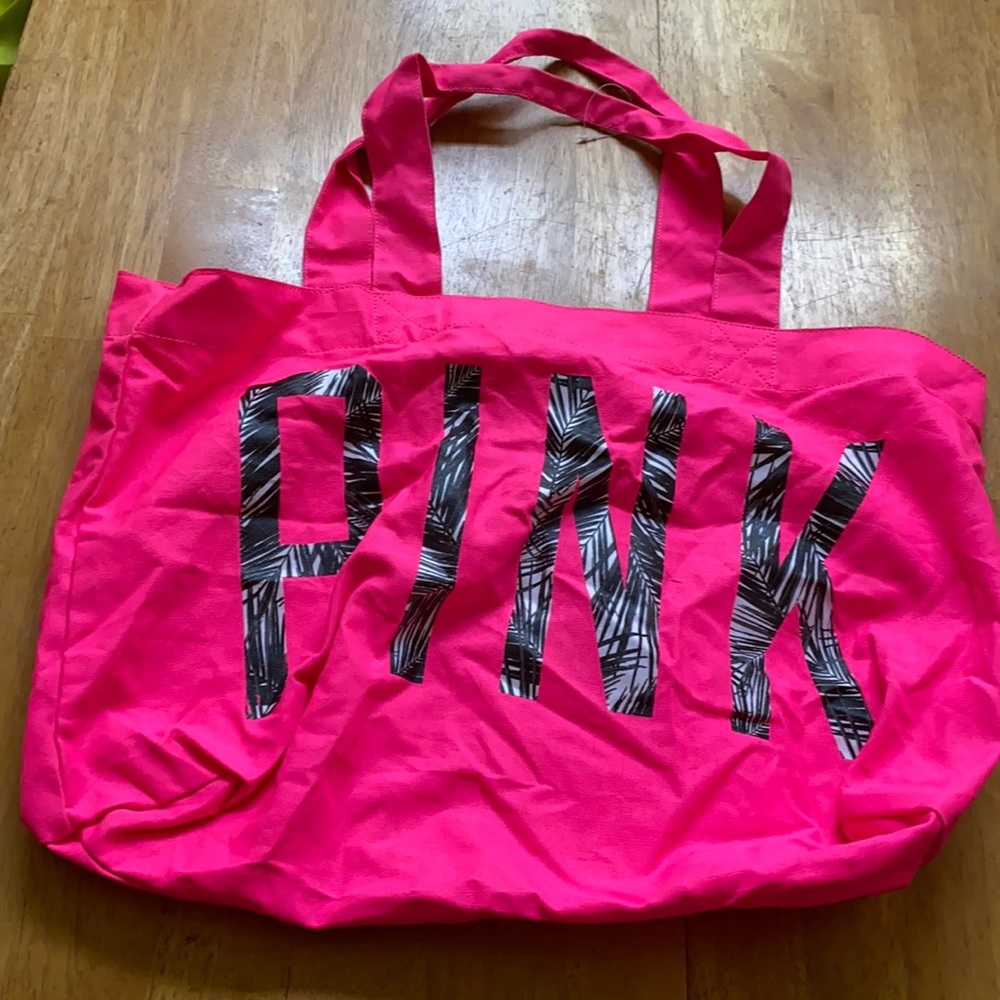 Pink Hot pink tote bag with PINK in grey, white & black palm leave stick design